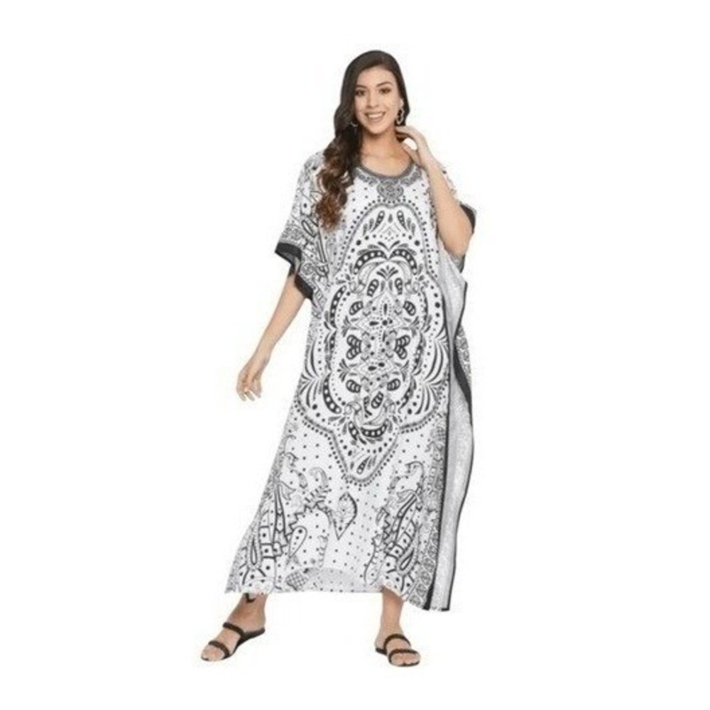 Gypsie Blu Kaftan Maxi Dress Black White Flowyβ Knit Kimono Sleeves OS